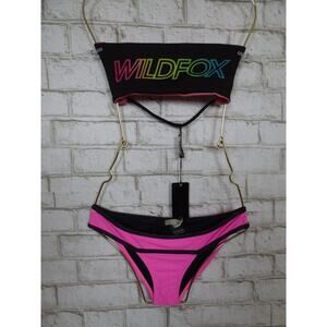 $137 Wildfox Black Strappy Logo Bandeau Bikini Top Pilyq Pink Bottom S W274